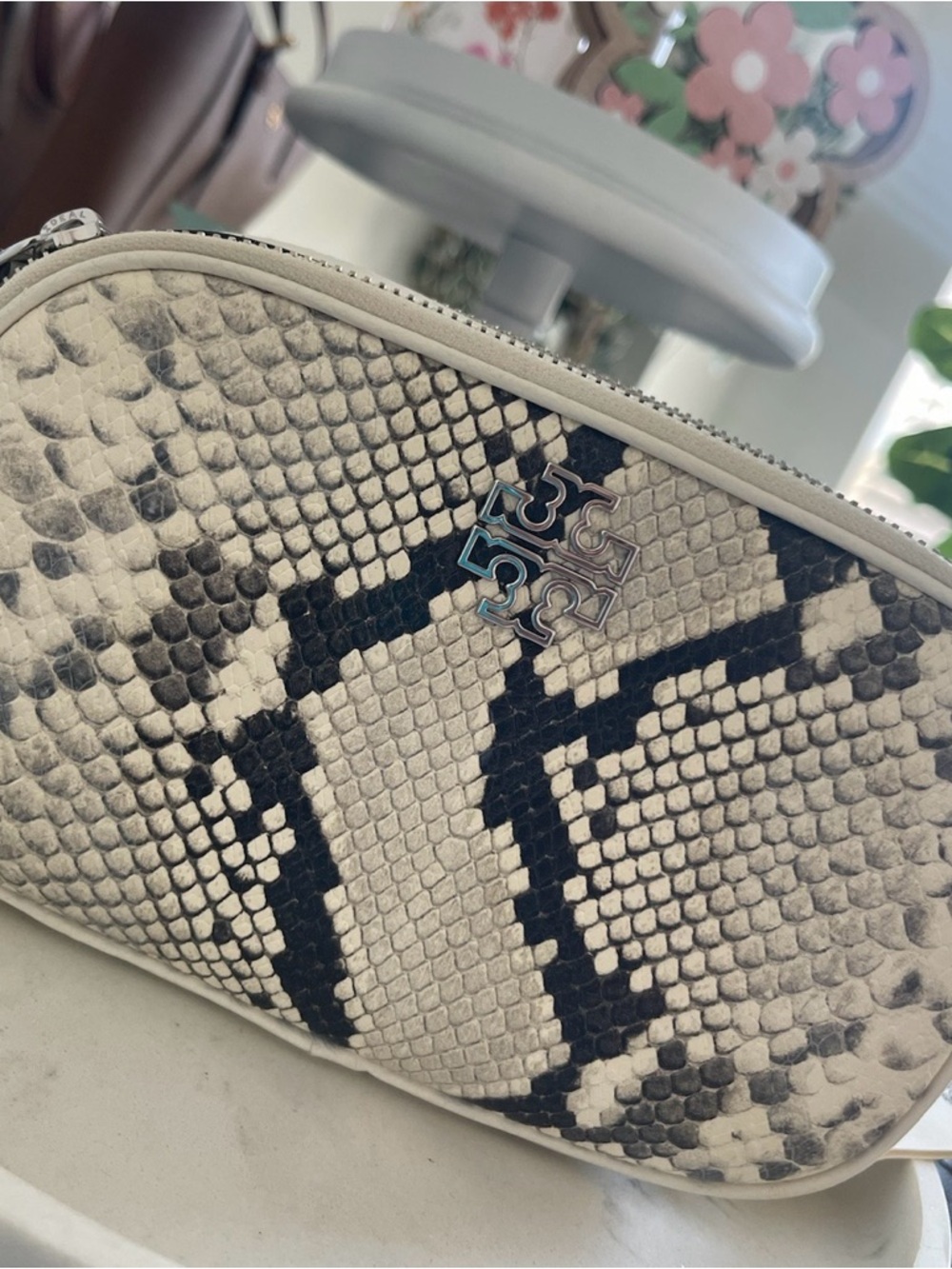 Tory Burch Black and Cream Snake-Print Crossbody Clutch